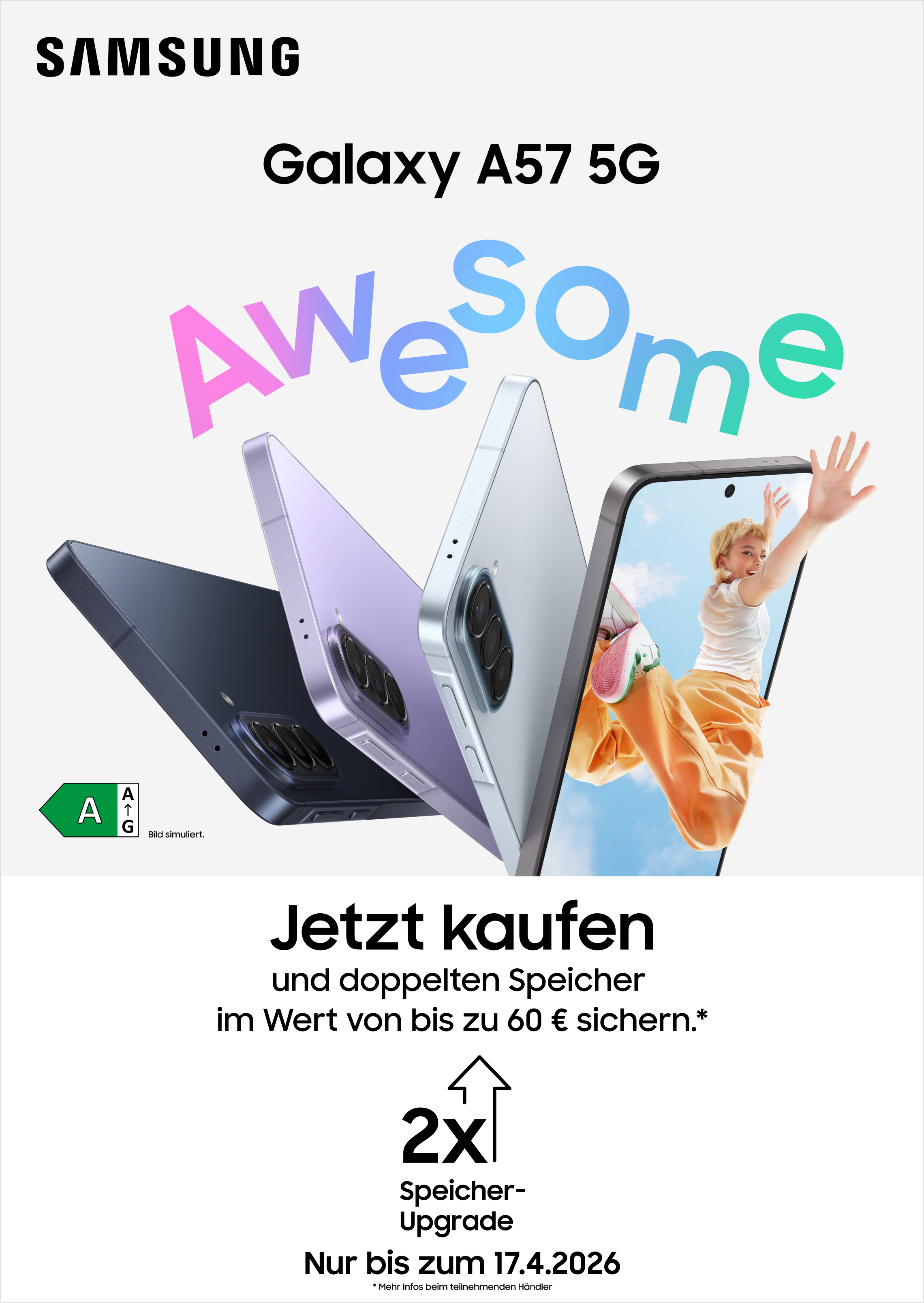 Samsung Galaxy A57 5G kaufen und doppelten Speicher sichern!