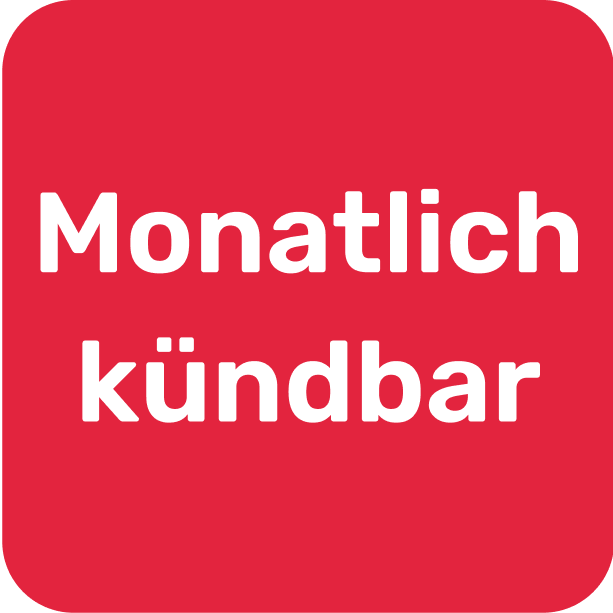 Rotes Viereck mit weißer Aufschrift Monatlich kündbar