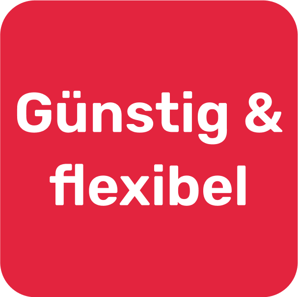 Rotes Rechteck mit weißer Aufschrift Günstig und flexibel