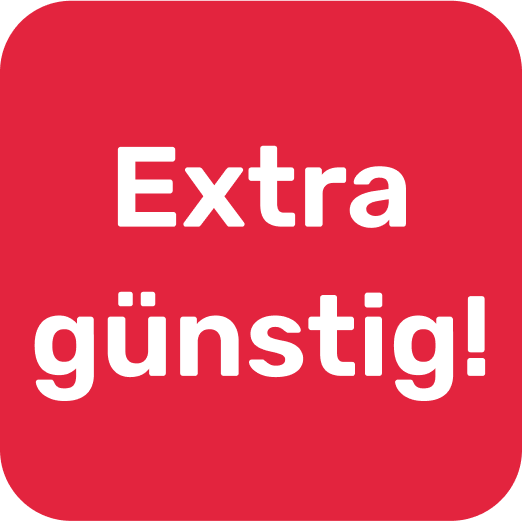 Rotes Viereck mit weißer Aufschrift Extra günstig