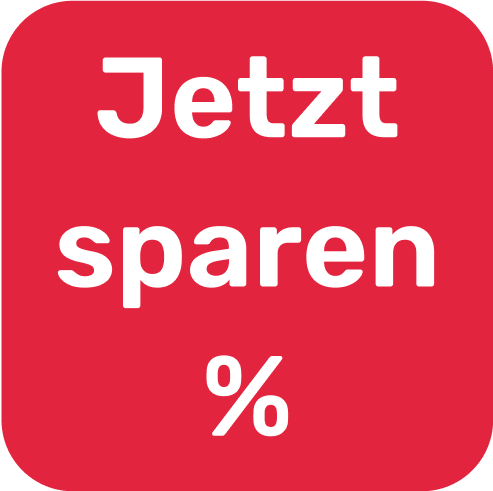 Rotes Viereck mit weißer Aufschrift Jetzt sparen Prozentzeichen